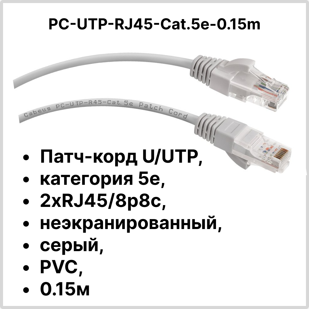 Cabeus PC-UTP-RJ45-Cat.5e-0.15m Патч-корд U/UTP, категория 5е, 2xRJ45/8p8c, неэкранированный, серый, PVC, 0.15м