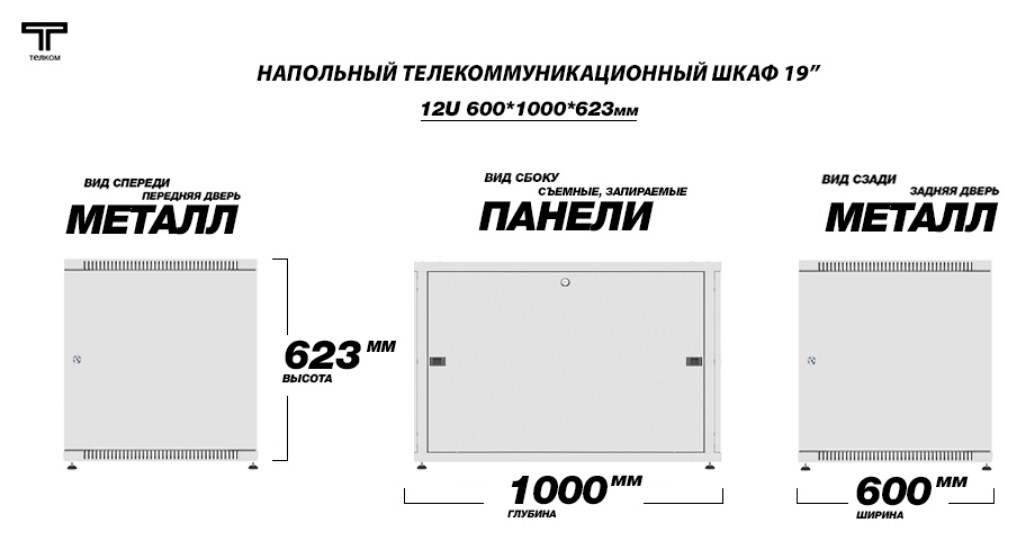 Шкаф 12u настенный глубиной 1000 дверь металл цвет серый : телком