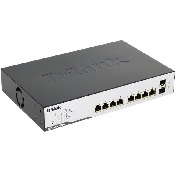 Настраиваемый компактный коммутатор DGS-1100-10MPP/B1A, 8-Ports 10/100/1000Mbps PoE + 2-Ports SFP 1000Mbps EasySmart Switch / Surveillance Swit