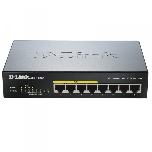 Коммутатор неуправляемый DGS-1008P/C1A, Layer 2 unmanaged Gigabit Switch with PoE and Green Ethernet power save technology