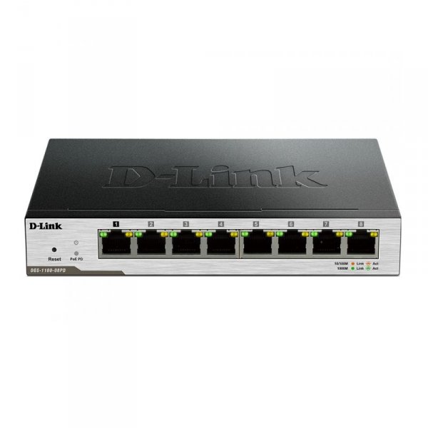 Настраиваемый компактный коммутатор 2 уровня DGS-1100-08PD/B1A L2 Smart Switch with 7 10/100/1000Base-T ports and 1 10/100/1000Base-T PD port.8K Mac a