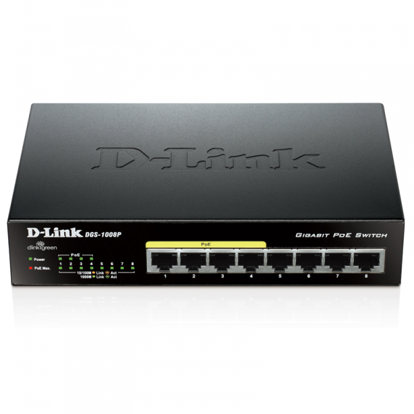 Коммутатор неуправляемый DGS-1008P/C1B, L2 Unmanaged Switch with 8 10/100/1000Base-T ports (4 PoE ports 802.3af/802.3at (30 W), PoE Budget 68).