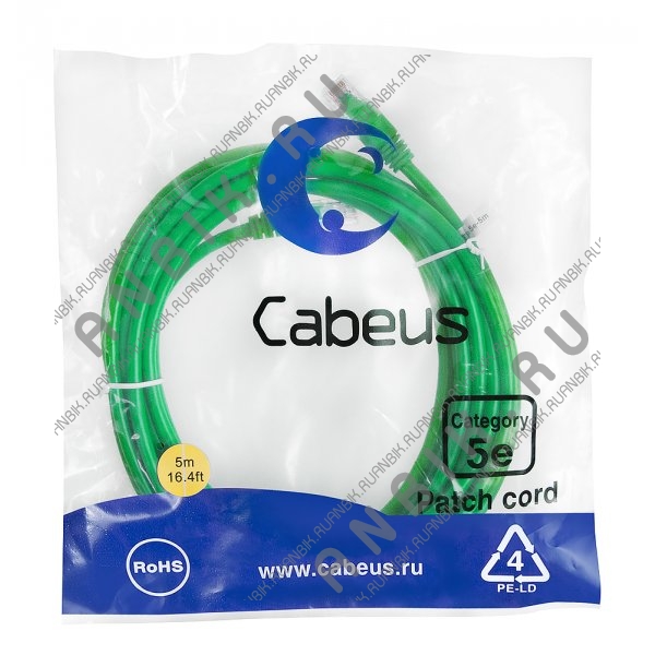 Cabeus PC-UTP-RJ45-Cat.5e-5m-GN-LSZH Патч-корд UTP, категория 5е, 5 м, LSZH, неэкранированный, зеленый