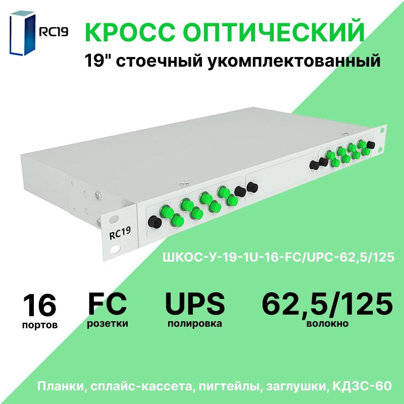 RC19 ШКОС-У-19-1U-16-FC/UPC-62,5/125 Кросс оптический 19 стоечный 1U на 16 портов FC/UPC 62,5/125мкм укомплектованный оптический бокс (пигтейл FC 62,5/125-16шт, розетка FC-16шт, КДЗС-16шт)ШКОС-У-19-1U-16-FC/UPC-62,5/125 фото