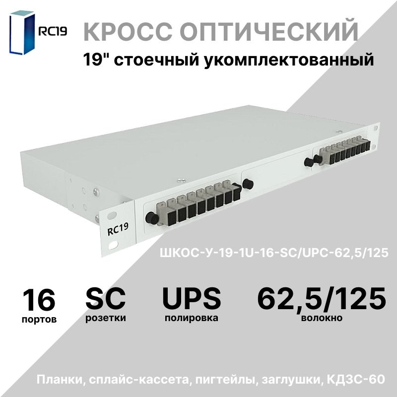 RC19 ШКОС-У-19-1U-16-SC/UPC-62,5/125 Кросс оптический 19 стоечный 1U на 16 портов SC/UPC 62,5/125мкм укомплектованный оптический бокс (пигтейл SC 62,5/125-16шт, розетка SC-16шт, КДЗС-16шт)ШКОС-У-19-1U-16-SC/UPC-62,5/125 фото