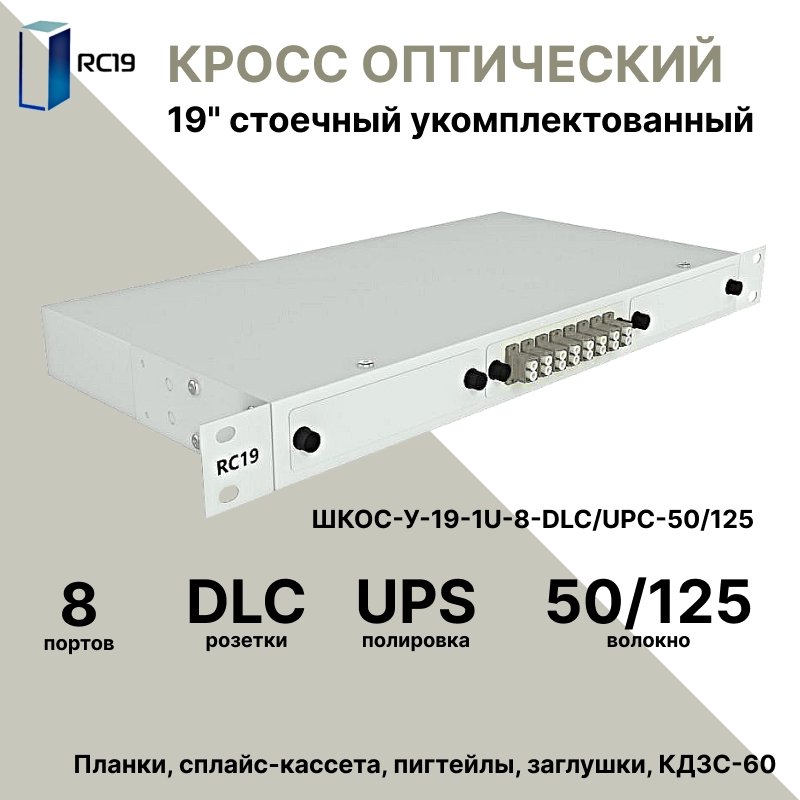 RC19 ШКОС-У-19-1U-8-DLC/UPC-50/125 Кросс оптический 19 стоечный 1U на 8 портов LC/UPC duplex 50/125мкм укомплектованный оптический бокс (пигтейл LC 50/125-16шт, розетка DLC-8шт, КДЗС-16шт)ШКОС-У-19-1U-8-DLC/UPC-50/125 фото