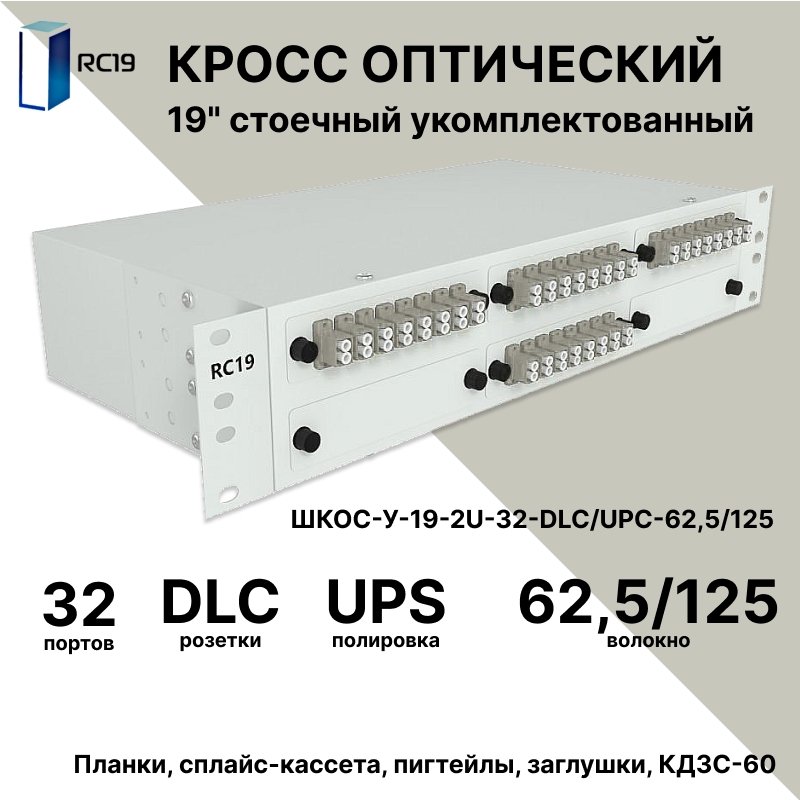 RC19 ШКОС-У-19-2U-32-DLC/UPC-62,5/125 Кросс оптический 19 стоечный 2U на 32 порта LC/UPC duplex 62,5/125мкм укомплектованный оптический бокс (пигтейл LC/UPC 62,5/125-64шт, розетка LC-32шт, КДЗС-64шт)ШКОС-У-19-2U-32-DLC/UPC-62,5/125 фото