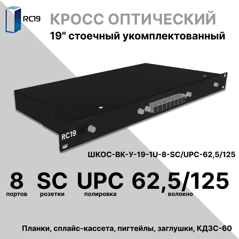 RC19 ШКОС-BK-У-19-1U-8-SC/UPC-62,5/125 Кросс оптический 19 стоечный 1U на 8 портов SC/UPC 62,5/125мкм укомплектованный, цвет черный (пигтейл ST 62,5/125-8шт, розетка ST-8шт, КДЗС-8шт)ШКОС-BK-У-19-1U-8-SC/UPC-62,5/125 фото