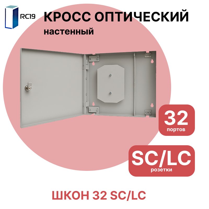RC19  Кросс настенный | Кросс оптический настенный | 32 портов , SC/LC розеток, сплайс-кассета с крышкой (пигтейлы, проходные адаптеры, КДЗС опция)