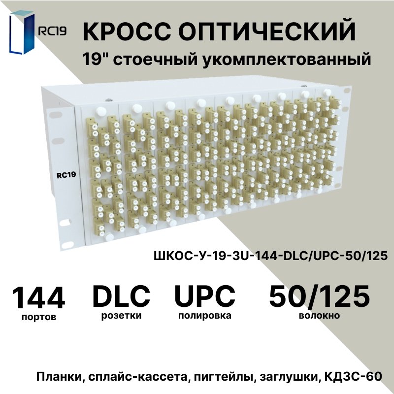 RC19 ШКОС-У-19-4U-144-DLC/UPC-50/125 Кросс оптический 19 стоечный 4U на 144 порта LC/UPC duplex 50/125мкм укомплектованный оптический бокс (пигтейл LC/UPC 50/125-288шт, розетка DLC-144шт, КДЗС-288шт)ШКОС-У-19-4U-144-DLC/UPC-50/125 фото