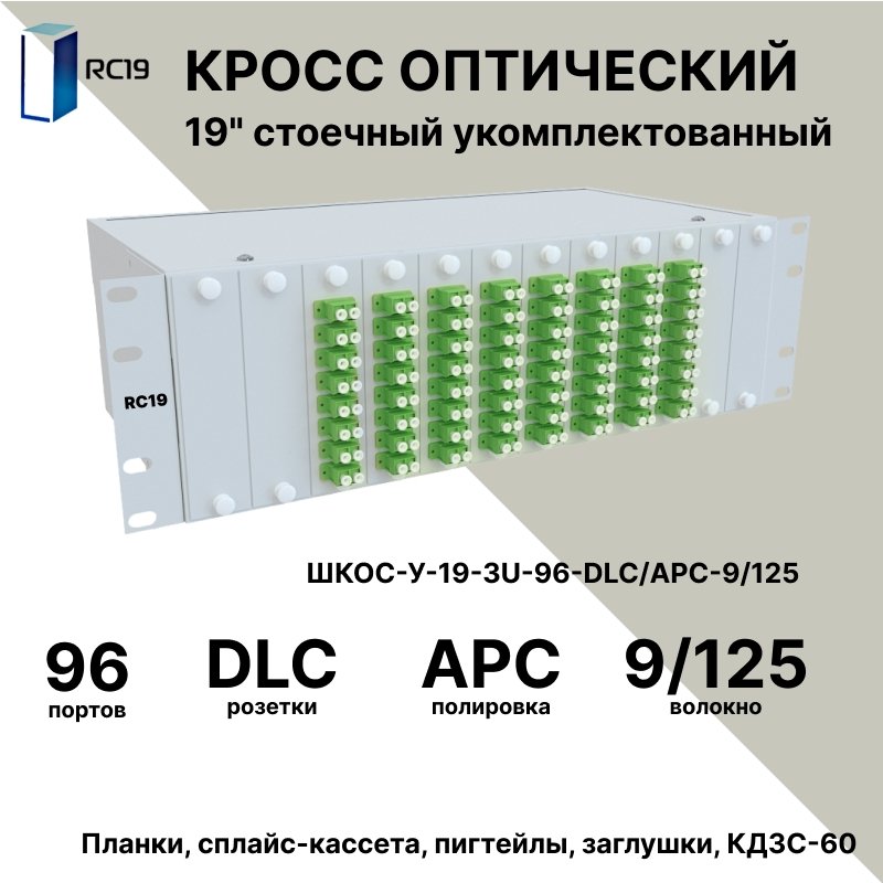 RC19 ШКОС-У-19-3U-96-DLC/APC-9/125 Кросс оптический 19 стоечный 3U на 96 портов LC/APC duplex 9/125мкм укомплектованный оптический бокс (пигтейл LC/APC 9/125-192шт, розетка DLC/APC-96шт, КДЗС-192шт)ШКОС-У-19-3U-96-DLC/APC-9/125 фото