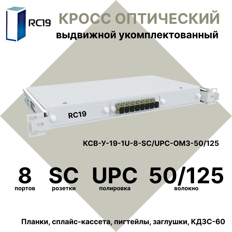 RC19 КСВ-У-19-1U-8-SC/UPC-OM3-50/125 Кросс оптический 19 выдвижной 1U на 8 портов SC 50/125мкм (OM3) укомплектованный (пигтейл SC 50/125 (OM3)-8шт, розетка SC-8шт, сплайс кассета с крышкой-1шт, КДЗС-8шт)КСВ-У-19-1U-8-SC/UPC-OM3-50/125 фото