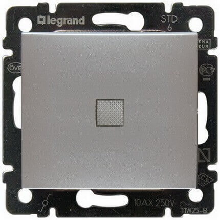 LEGRAND 770110 Выключатель 1-клавишный, с подсветкой, 10АХ, 250В, блестящий алюминий, Valena