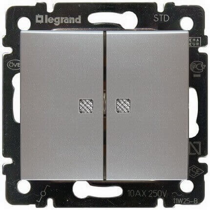 LEGRAND 770128 Двойной выключатель с двумя лампами подсветки, блестящий алюминий, Valena