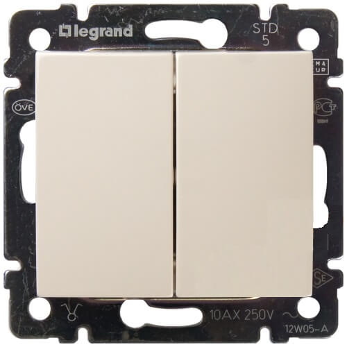 LEGRAND 774305 Выключатель 2-клавишный, 10АХ, 250В, слоновая кость, Valena