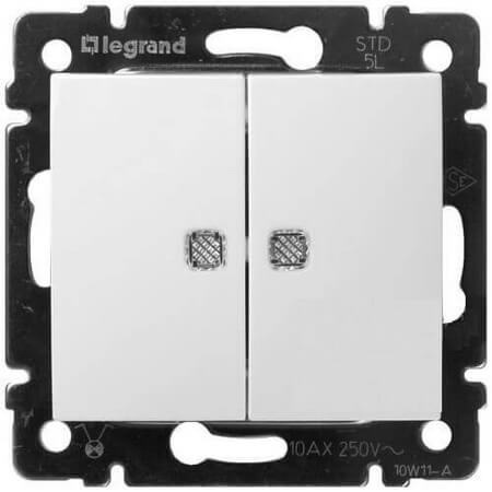 LEGRAND 774428 Выключатель 2-клавишный, с подсветкой, 10АХ, 250В, белый, Valena