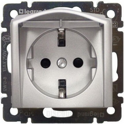 LEGRAND 770122 Модуль розетки 2К+З, с винтовыми зажимами, с откидной крышкой, немецкий стандарт (Schuko), 10/16А, алюминий, Valena