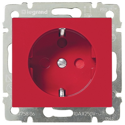 LEGRAND 774327 Модуль розетки 2К+З, с винтовыми зажимами, с блокировкой, немецкий стандарт (Schuko), 10/16А, красный, Valena