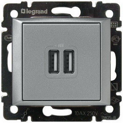LEGRAND 770270 Модуль розетки USB для зарядки, 2 входа, алюминий, Valena