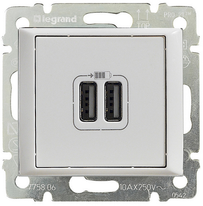 LEGRAND 770470 Модуль розетки USB для зарядки, 2 входа, белый, Valena