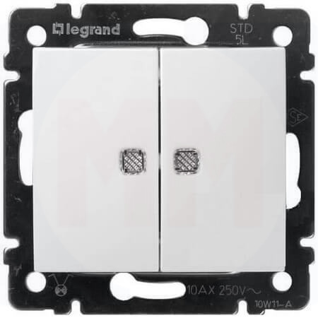 LEGRAND 774212 Переключатель на 2 направления, 2-клавишный, с подсветкой, 10АХ, 250В, белый, Valena