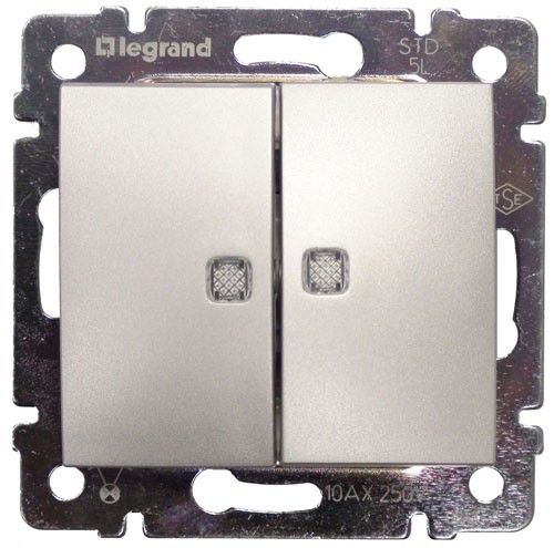 LEGRAND 770213 Выключатель 2-клавишный, с двумя индикаторами, 10АХ, 250В, блестящий алюминий, Valena