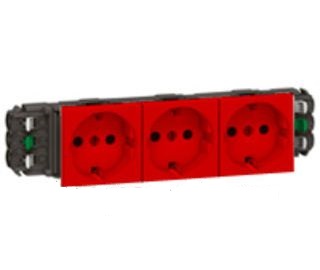 LEGRAND 77413 Модуль розетки 3х2К+3, 6М, немецкий стандарт (Schuko), безвинтовые зажимы, проходной (в короб), красный, с механической блокировкой, Mos