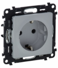 LEGRAND 753620 Модуль силовой розетки 2К+З, немецкий стандарт, с защитными шторками, безвинтовые зажимы, 16А, 250В, с лицевой панелью, алюминий, Valen