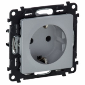 LEGRAND 753621 Модуль силовой розетки 2К+З, немецкий стандарт, безвинтовые зажимы, 16А, 250В, с лицевой панелью, алюминий, Valena Life