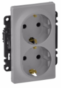 LEGRAND 753626 Модуль силовой розетки 2х2К+З, немецкий стандарт, с защитными шторками, безвинтовые зажимы, 16А, 250В, с лицевой панелью, алюминий, Val