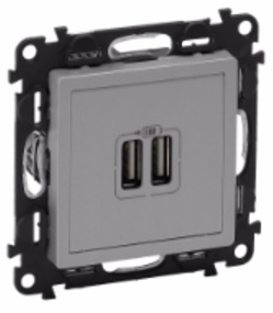 LEGRAND 753612 Модуль зарядного устройства 2х USB, 100-240ВA, 50-60Гц, 5В-2400мА, с лицевой панелью, алюминий, Valena Life