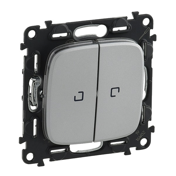 LEGRAND 752909 Модуль 2-клавишного переключателя на 2 направления, с подсветкой, безвинтовые зажимы, 10АX, 250В, с лицевой панелью, алюминий, Valena A