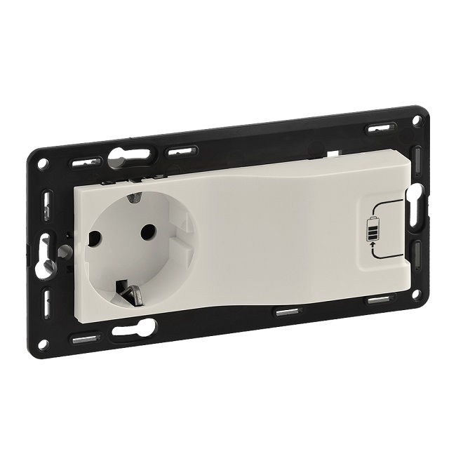 LEGRAND 753210 Модуль комбинированной розетки 2К+З (немецкий стандарт, 16А, 250В) + зарядное устройство USB (1000мА), с лицевой панелью, слоновая кост