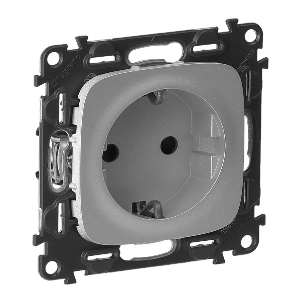 LEGRAND 753920 Модуль силовой розетки 2К+З, немецкий стандарт, безвинтовые зажимы, 16А, 250В, с лицевой панелью, алюминий, Valena Allure