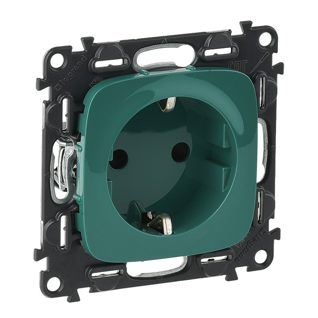 LEGRAND 754982 Модуль силовой розетки 2К+З, немецкий стандарт, с защитными шторками, безвинтовые зажимы, 16А, 250В, с лицевой панелью, цвет зеленый, V