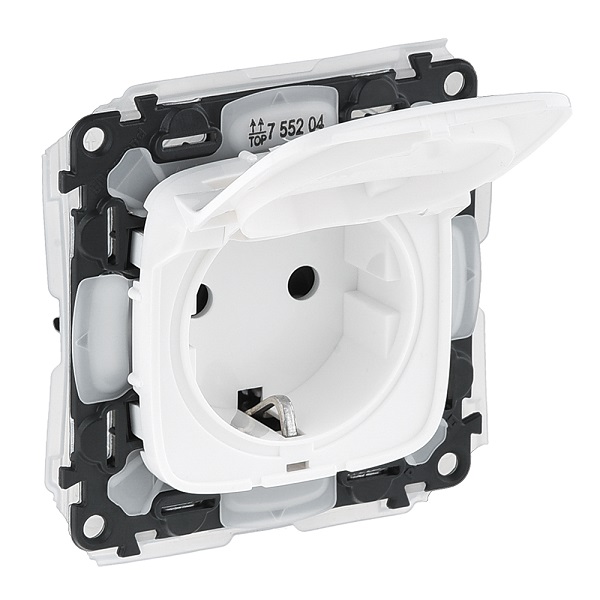 LEGRAND 755204 Модуль силовой розетки 2К+З, немецкий стандарт, с защитными шторками и откидной крышкой, безвинтовые зажимы, 16А, 250В, IP44, с лицевой