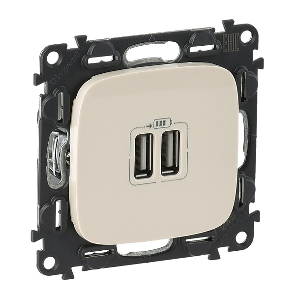 LEGRAND 754996 Модуль зарядного устройства 2х USB, 100-240ВA, 50-60Гц, 5В-2400мА, с лицевой панелью, слоновая кость, Valena Allure