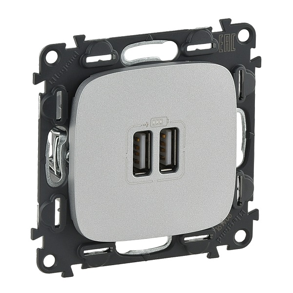LEGRAND 754997 Модуль зарядного устройства 2х USB, 100-240ВA, 50-60Гц, 5В-2400мА, с лицевой панелью, алюминий, Valena Allure
