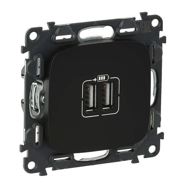 LEGRAND 754998 Модуль зарядного устройства 2х USB, 100-240ВA, 50-60Гц, 5В-2400мА, с лицевой панелью, антрацит, Valena Allure