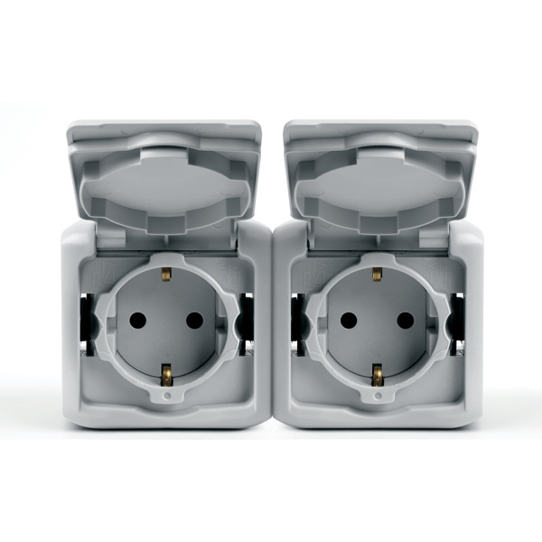 LEGRAND 782353 Розетка 2х2К+3, накладной монтаж, с винтовыми зажимами, со шторками, с защитной крышкой, 16А, серый, IP44, Quteo