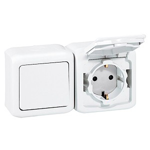 LEGRAND 782318 Выключатель+ розетка 2К+3, накладной монтаж, с винтовыми зажимами, со шторками, с защитной крышкой, 16А, белый, IP44, Quteo