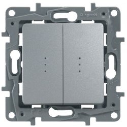 LEGRAND 672416 Выключатель/переключатель 2-клавишный с подсветкой, 10АХ, с автоматическими зажимами, алюминий, ETIKA
