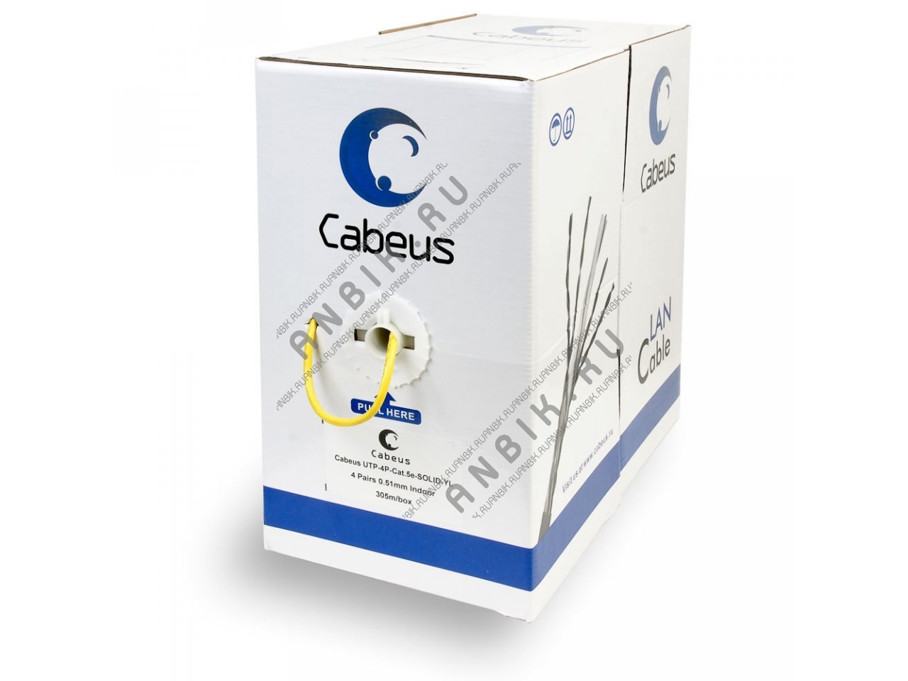 Cabeus UTP-4P-Cat.5e-SOLID-YL Кабель витая пара UTP (U/UTP), категория 5e, 4 пары 0,51мм (24 AWG), одножильный, желтый (305 м), системная гарантия 25 лет.