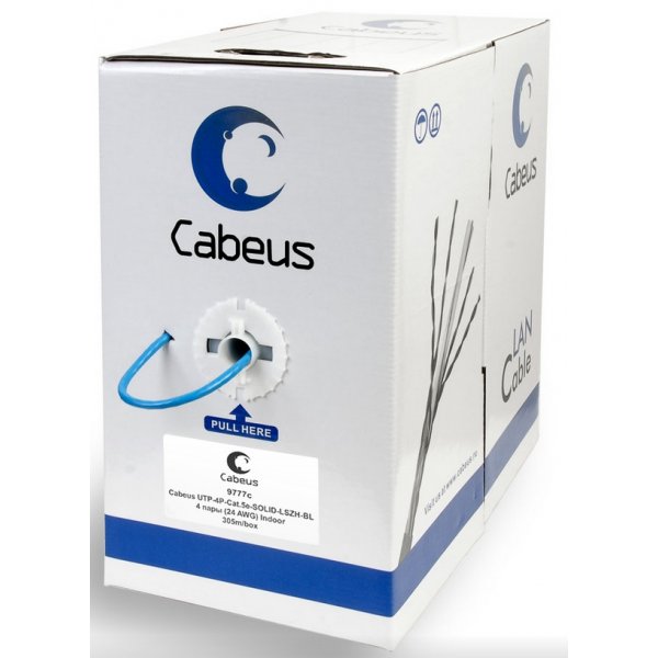 Cabeus UTP-4P-Cat.5e-SOLID-LSZH-BL Кабель витая пара UTP (U/UTP), категория 5e, 4 пары 0,51мм (24 AWG), одножильный, синий, LSZH (Low Smoke Zero Halogen) (305 м), системная гарантия 25 лет.