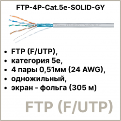 Cabeus FTP-4P-Cat.5e-SOLID-GY Кабель витая пара экранированная FTP (F/UTP), категория 5e, 4 пары 0,51мм (24 AWG), одножильный, экран - фольга (305 м)