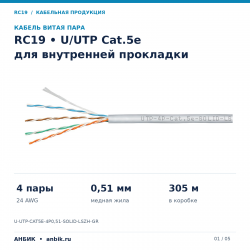 RC19 U-UTP-CAT5E-4P0,51-SOLID-LSZH-GR Кабель витая пара UTP (U/UTP), категория 5e, 4 пары (24 AWG), 0.51, одножильный, серый, LSZH, нг(А)-HF, (305 м)U-UTP-CAT5E-4P0,51-SOLID-LSZH-GR фото