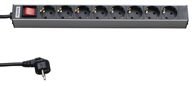 Hyperline Блок розеток для 19 шкафов, горизонтальный, 8 универсальных розеток, 16A, выключатель, шнур 2.5мSHT19-8SH-S-2.5EU фото