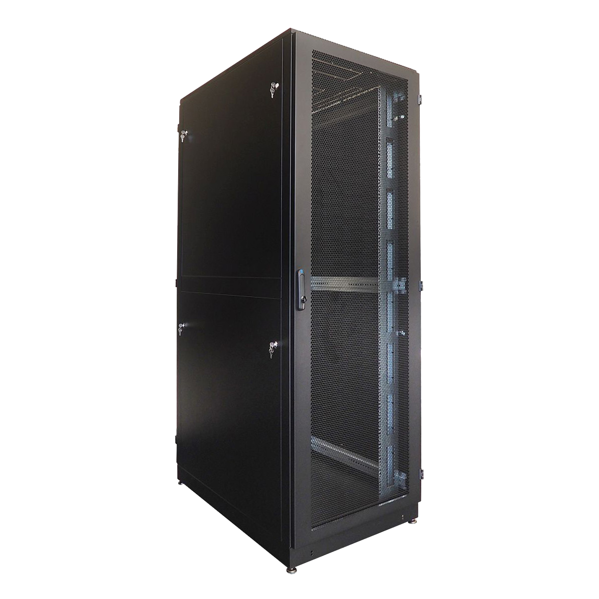 Шкаф серверный напольный 42U (800x1200) дверь перфорированная, задние двойные перфорированные, цвет черныйШТК-М-42.8.12-48АА-9005 фото