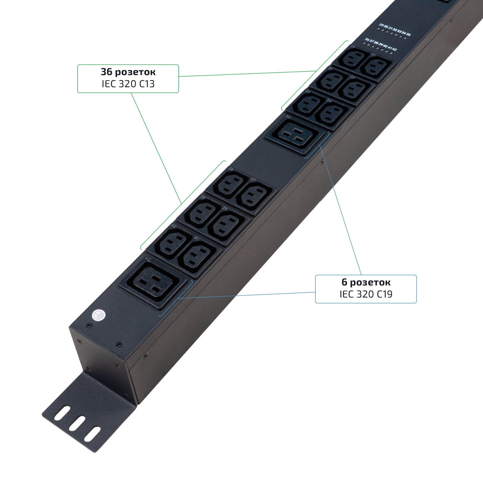 Cabeus SMART-PDU-16-1P-36C13-6C19-I309-CM Блок распределения питания, вертикальный, 36 розеток IEC 320 C13, 6 розеток IEC 320 C19, 1 фаза, 16А, 1х16А, автомат защиты, 250В, мониторинг/управление, шнур 3м 3х2,5мм с вилкой IEC 60309 фото 6