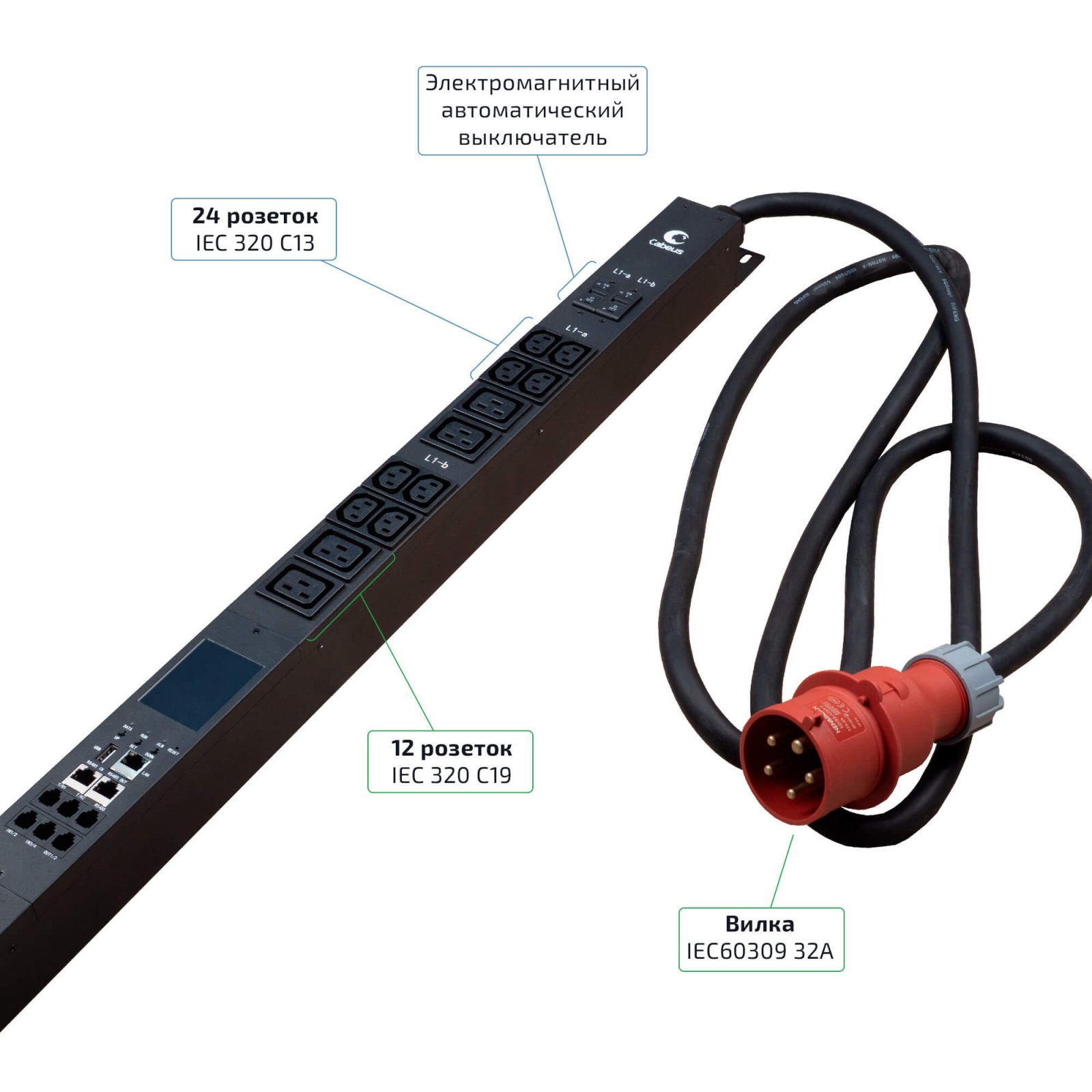Cabeus SMART-PDU-32-3P-24C13-12C19-I309-M Блок распределения питания, вертикальный, 24 розеток IEC 320 C13, 12 розеток IEC 320 C19, 3 фазы, 32А, 6х16А автомата защиты, 400В, мониторинг, шнур 3м 5х6мм с вилкой IEC 60309 фото 7